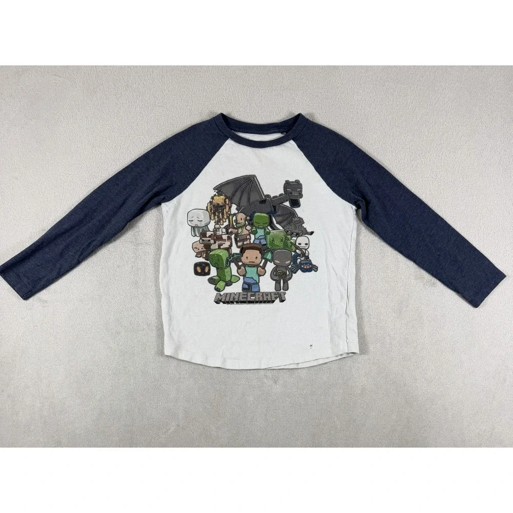 Old Navy Minecraft Graphic Raglan Long Sleeve T-Shirt Boys Size S 6-7 Blue Gray